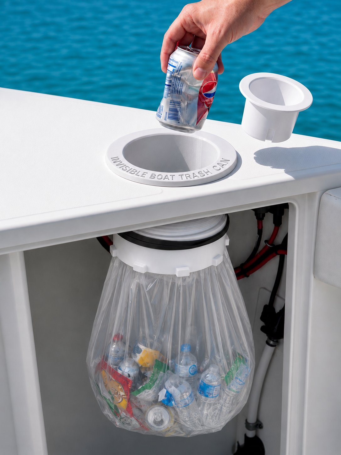 A white boat trash can with a clear hanging bag filled with trash, shown on a boat with blue water in the background. A hand is placing a beverage can into the trash can opening.