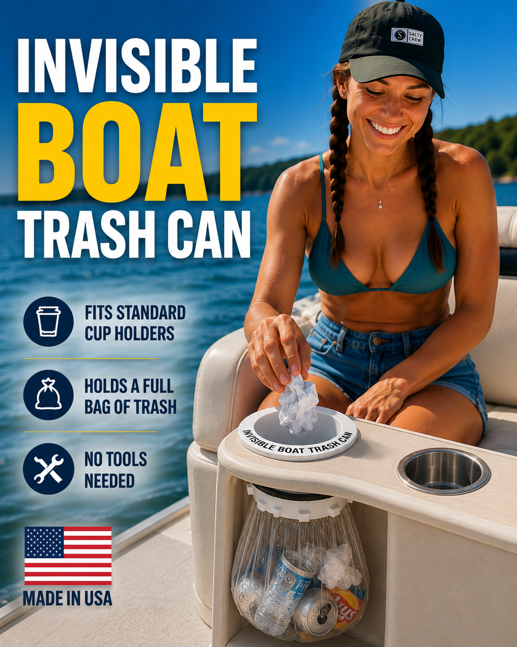 A woman sitting on a boat demonstrates a white 'Invisible Boat Trash Can' by placing a clear bag into the integrated opening. The left side features text highlighting product features like fitting standard cup holders, holding a full bag of trash, and requiring no tools, with a 'Made in USA' flag graphic at the bottom.