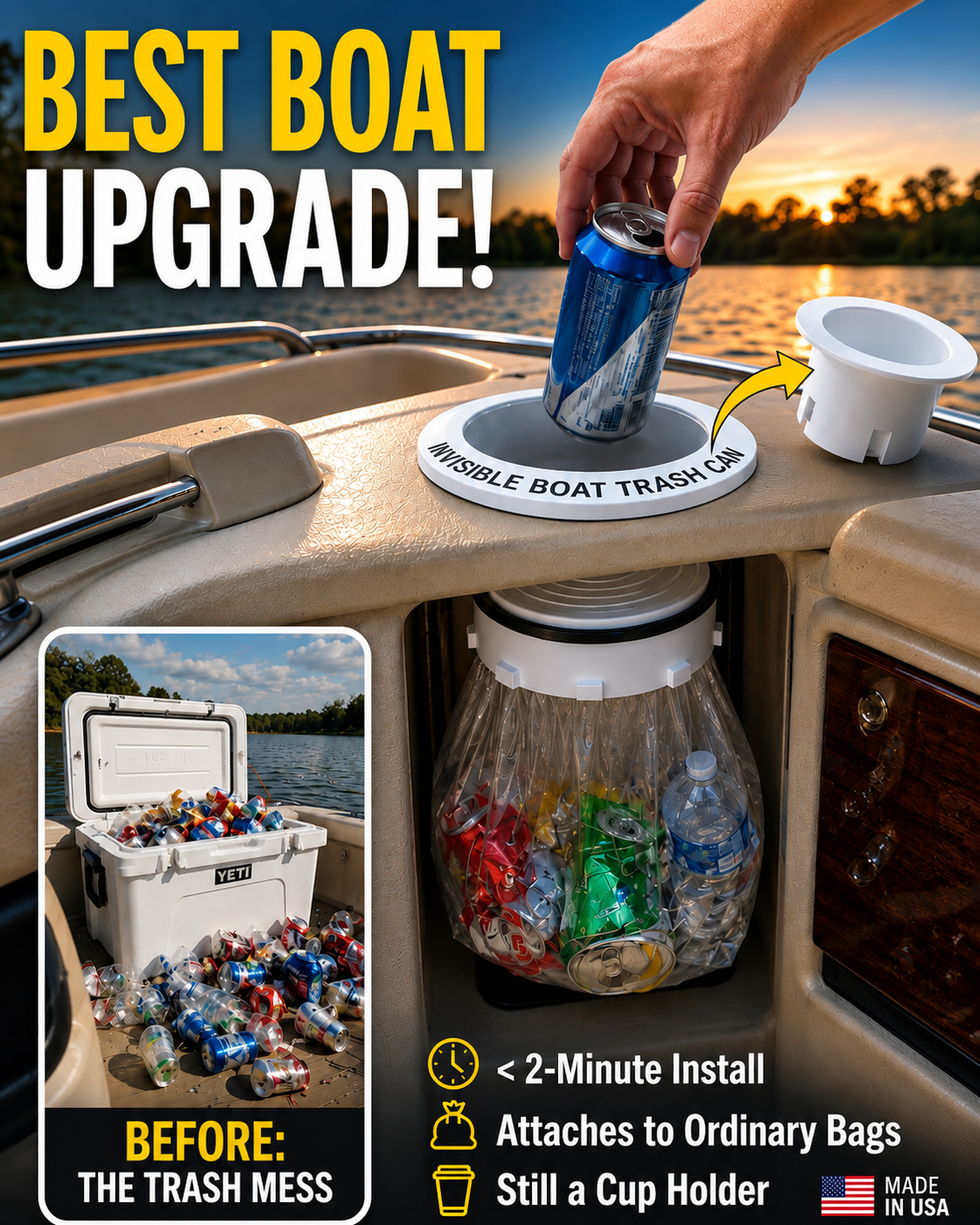 A boat trash can product demonstration on a boat deck at sunset, with a hand inserting a blue beverage can into a circular white trash bin. A larger clear plastic trash bag sits below, partially filled with colorful drink bottles.