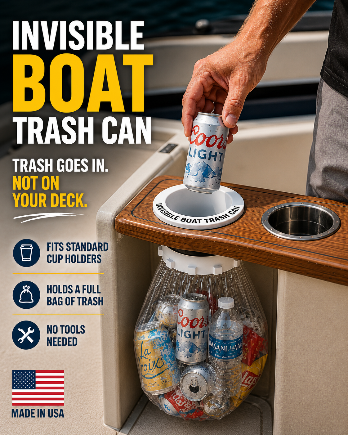 A boat trash can shown installed on a boat console, with a person's hand placing a Coors Light can into the clear plastic bag. The product is labeled 'Invisible Boat Trash Can' with text highlighting that trash goes in and not on your deck.