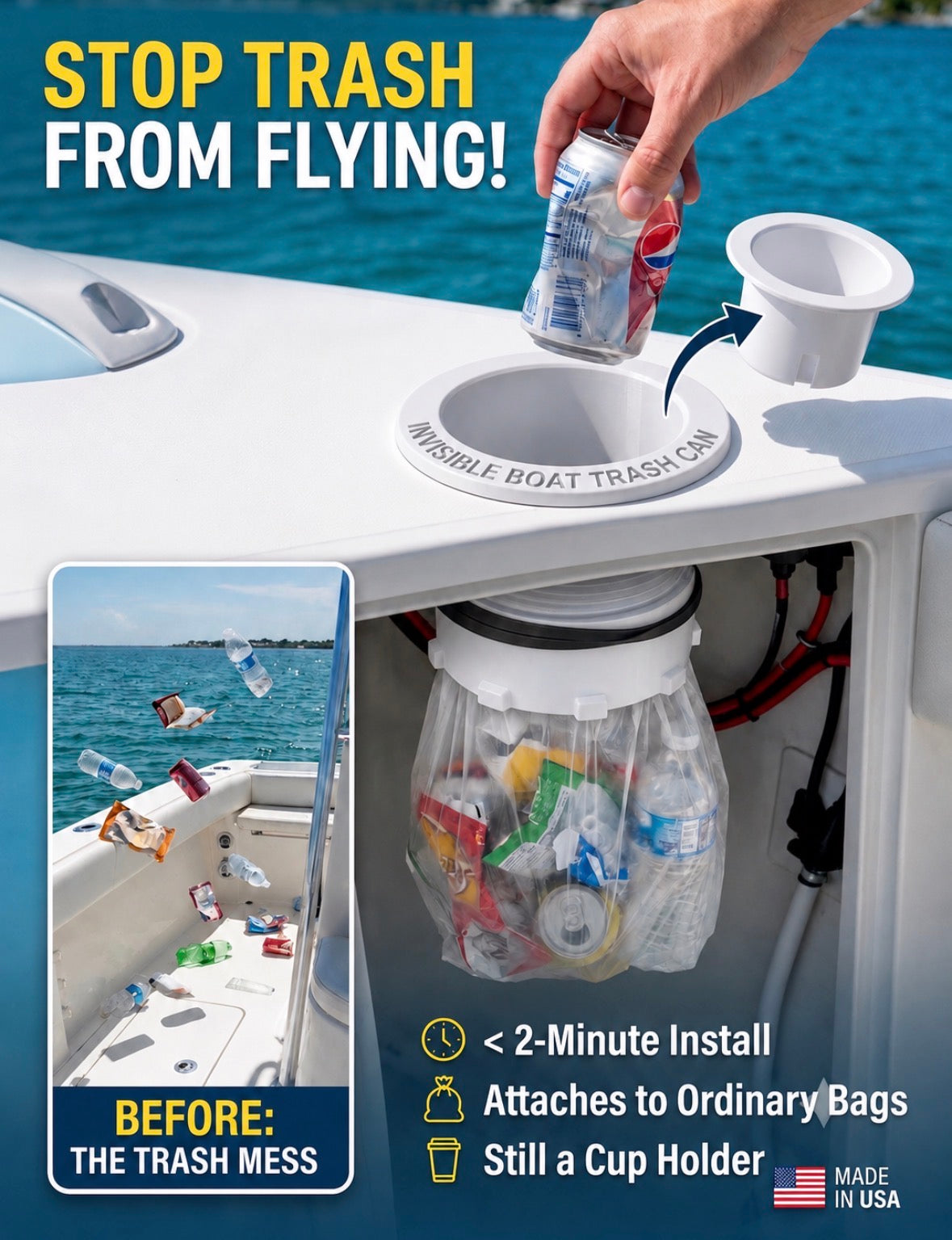 A Hand throwing trash into a boat trash can thats white, says stop trash from flying